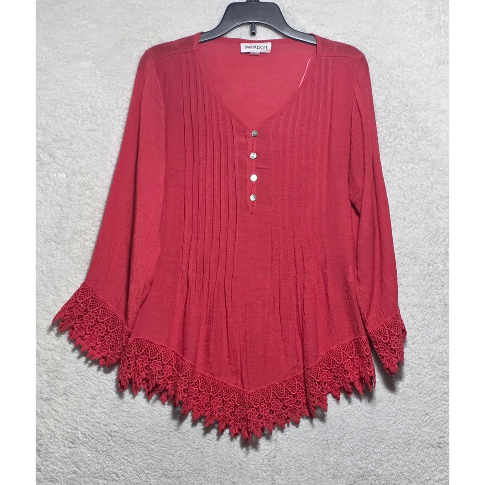 Westport Women's Red Crochet Lace Sharkbite Hem Pintuck Henley Blouse Size XS